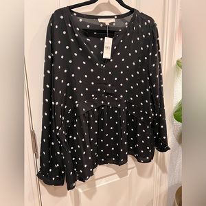 Loft blouse, empire waist, long sleeve, black and white with polka dots, NWT,